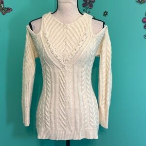Embossed Peep cold Shoulder Pearl Embellished White Sweater